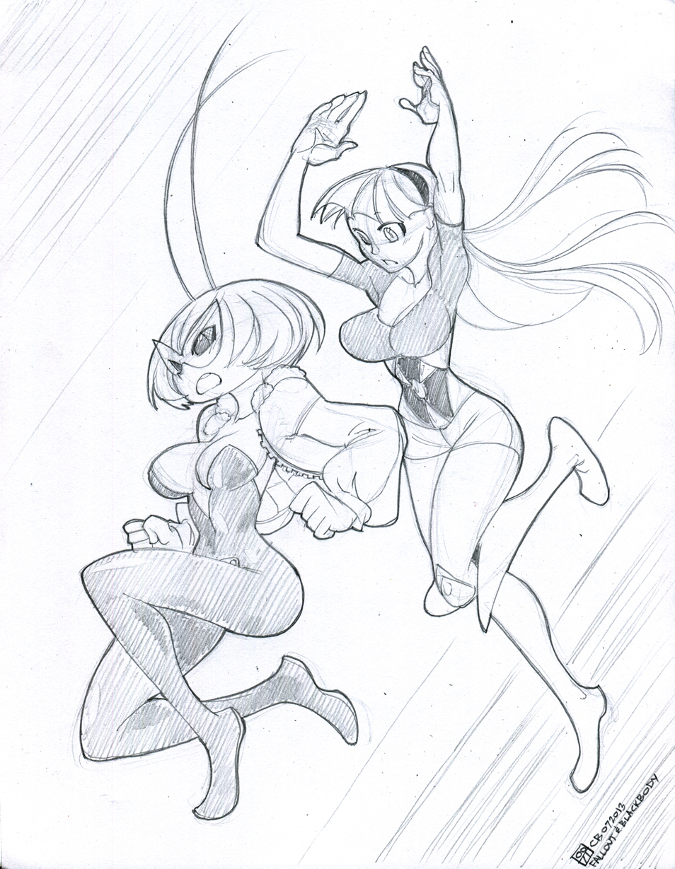 2girls, antennae, black_torch, blackbody_(black_torch), bodysuit, breasts, cleavage, crotch_plate