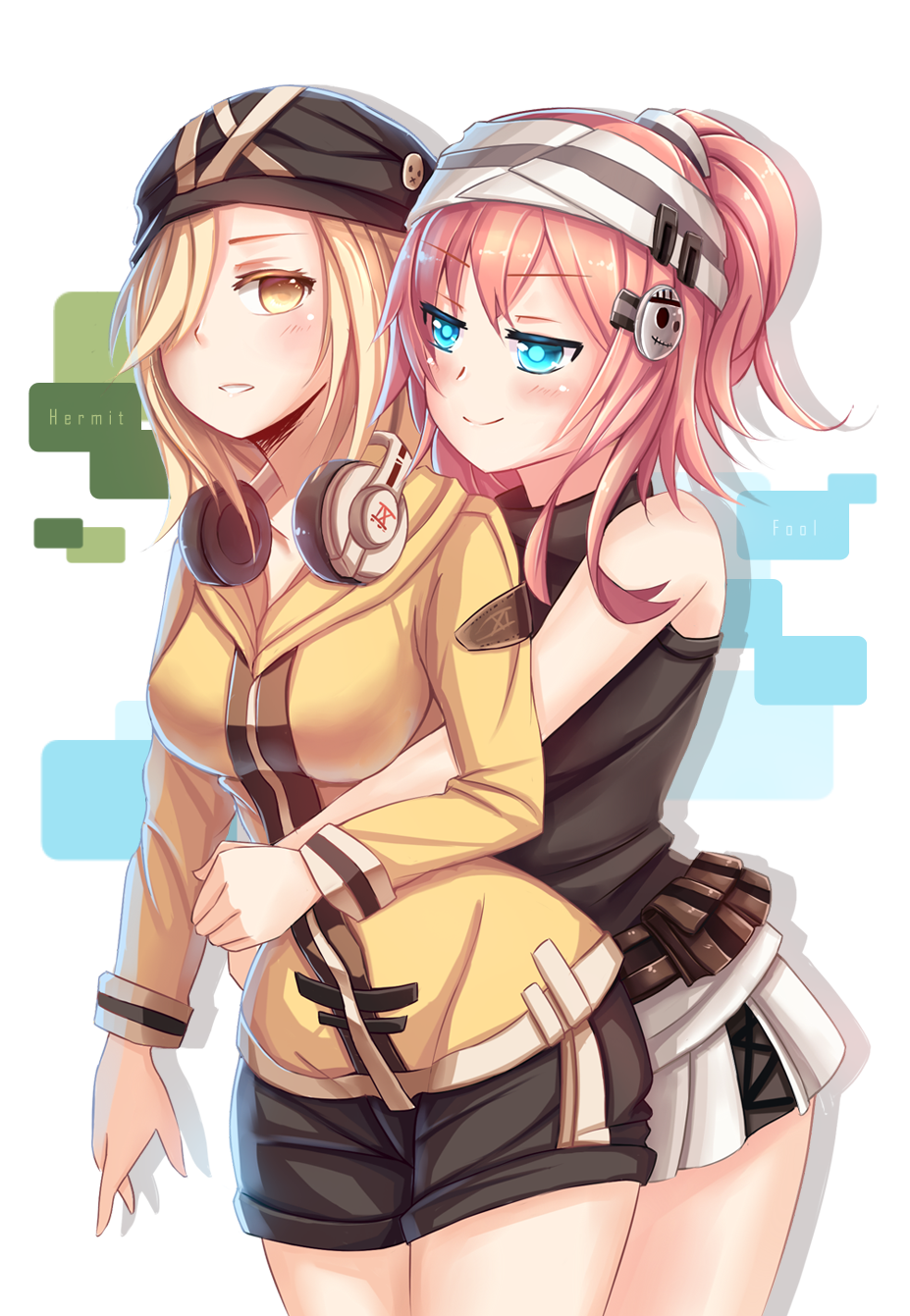 2girls, blonde_hair, blue_eyes, breasts, brown_eyes, hair_over_one_eye, headphones, highres