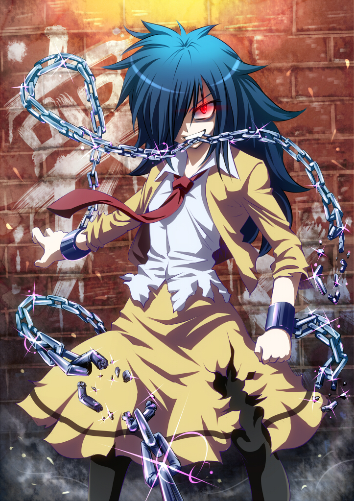 1girl, black_legwear, blue_hair, broken_chains, chain, glowing, glowing_eyes, hair_over_one_eye