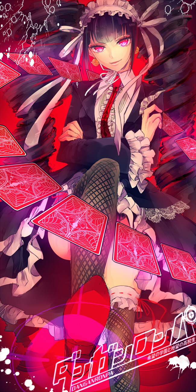 1girl, black_hair, black_legwear, bonnet, card, celestia_rudenberk, copyright_name, dangan_ronpa, drill_hair, gothic_lolita, highres, japu_(pu_san_love), lolita_fashion, long_hair, necktie, playing_card, red_eyes, smile, solo, thighhighs, twin_drills, twintails