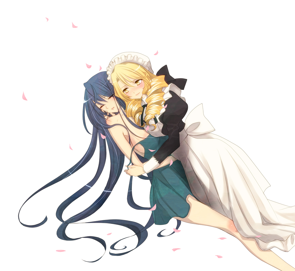 2girls, asa0508, blonde_hair, blue_hair, blush, closed_eyes, dress, drill_hair