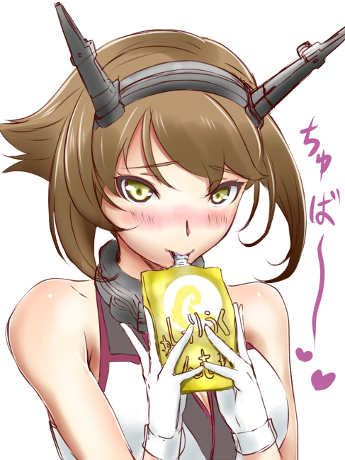 blush, brown_hair, eating, food, hairband, headgear, hisatyu, ice_cream