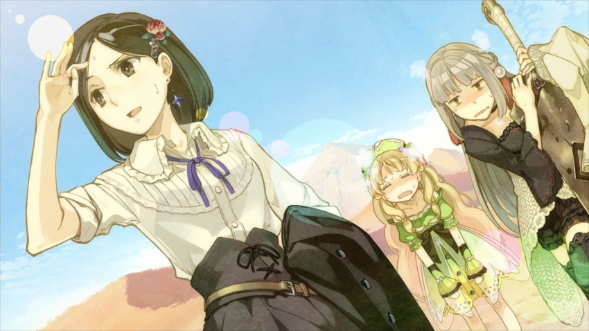 3girls, atelier_(series), atelier_ayesha, ayesha_altugle, black_hair, blonde_hair, brown_eyes, closed_eyes