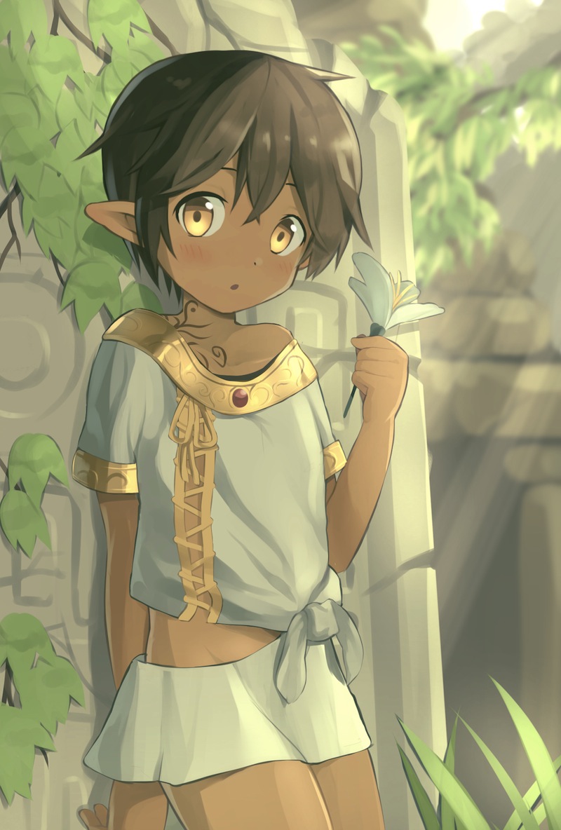 1boy, black_hair, blush, dark_skin, elf, flower, open_mouth, original, pointy_ears, trap, yellow_eyes, yuki_(vicious)