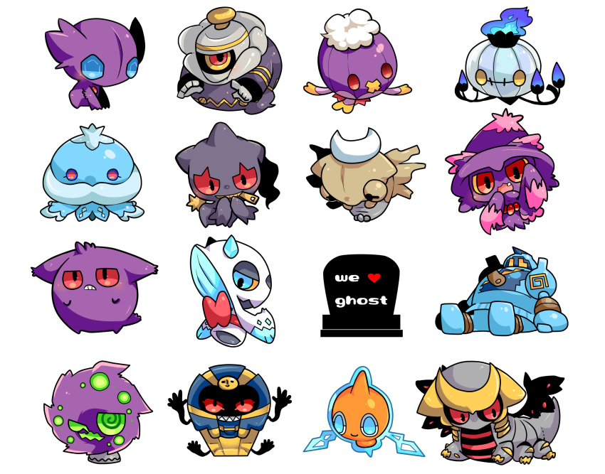 banette, chandelure, chibi, cofagrigus, drifblim, dusknoir, froslass, gengar, giratina, golurk, heart, highres, jellicent, mismagius, no_humans, pokemon, pokemon_(creature), rotom, sableye, shedinja, simple_background, spiritomb, takamura, tombstone, white_background