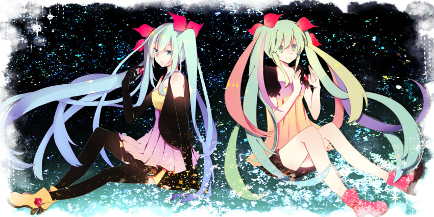 2girls, aqua_eyes, aqua_hair, clone, clow, elbow_gloves, gloves, green_eyes, green_hair, hair_ribbon, hatsune_miku, highres, long_hair, multiple_girls, ribbon, sitting, smile, thighhighs, twintails, very_long_hair, vocaloid