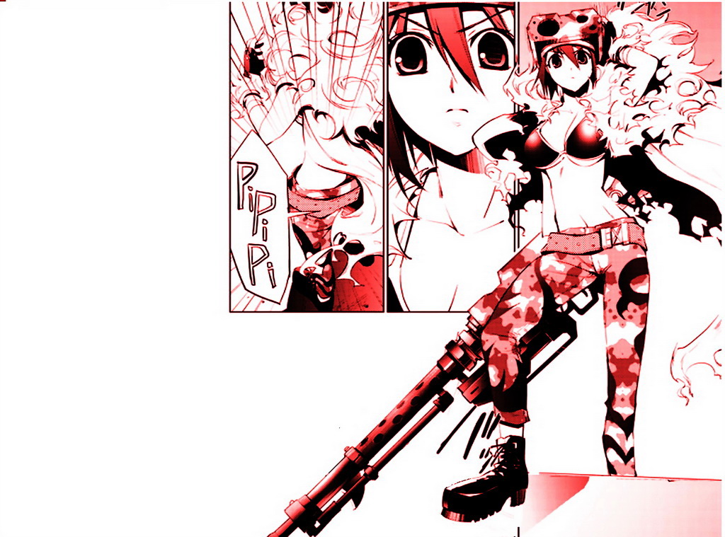 1girl, breasts, camouflage, cleavage, fur, gun, haru_haru, oz