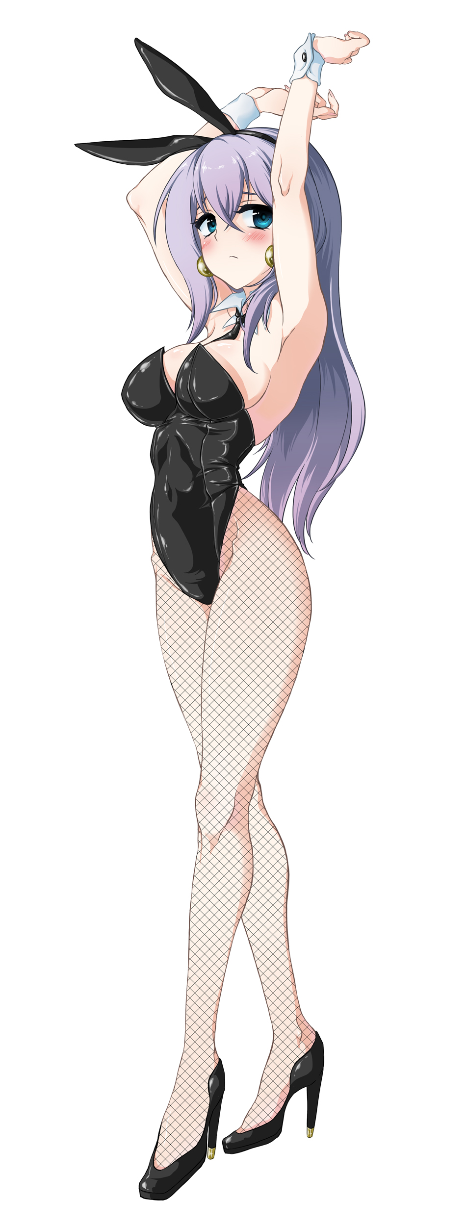 1girl, absurdres, animal_ears, arms_up, blue_eyes, bunnysuit, cardfight!!_vanguard, detached_collar, fishnet_pantyhose, fishnets, highres, long_hair, necktie, pantyhose, purple_hair, rabbit_ears, saeka, tokura_misaki, wrist_cuffs