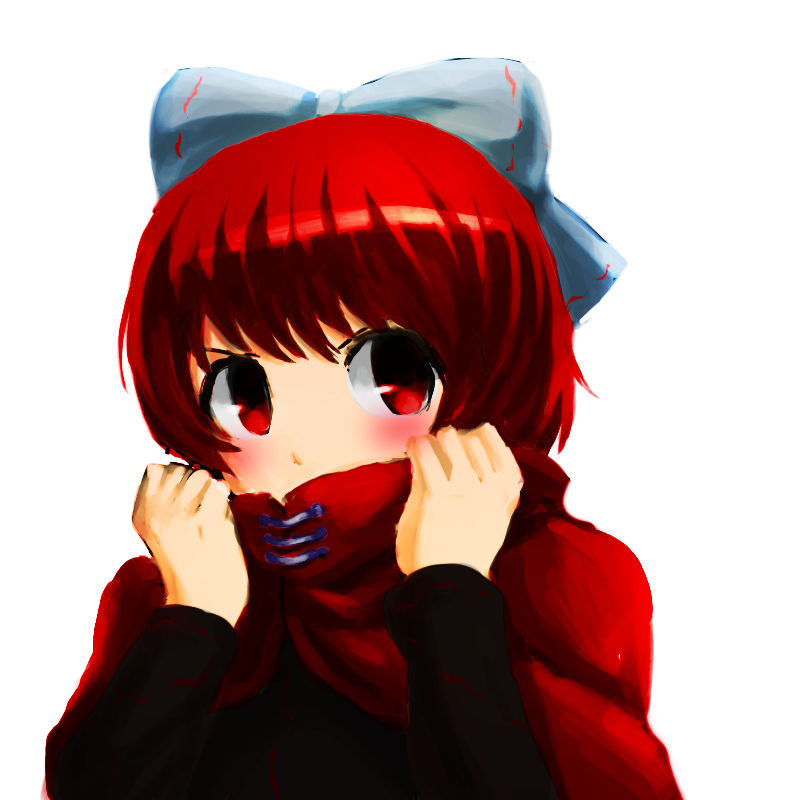 1girl, bangs, blush, bow, bust, clothes_grab, covering_mouth, hair_bow, long_sleeves, red_eyes, redhead, ryo02055, sekibanki, short_hair, shy, side_glance, touhou, white_background