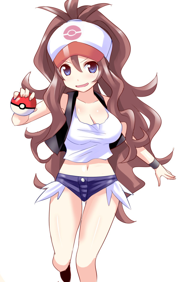 1girl, blue_eyes, brown_hair, denim, denim_shorts, konno_tohiro, long_hair, mei_(pokemon), navel, poke_ball, pokemon, shorts, simple_background, solo, very_long_hair, visor_cap, white_background