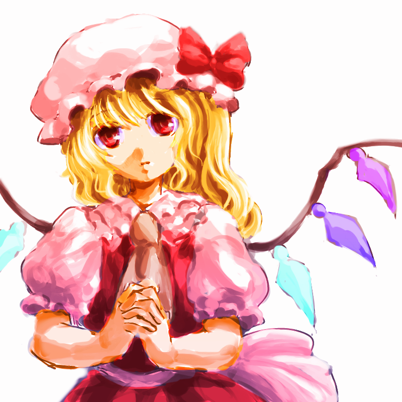 1girl, ascot, blonde_hair, bow, expressionless, faux_traditional_media, flandre_scarlet, hands_clasped
