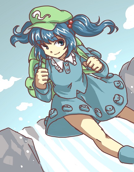 1girl, backpack, bag, blue_eyes, blue_hair, blue_skirt, hair_bobbles, hair_ornament