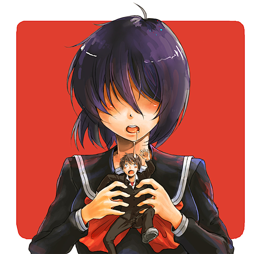 black_hair, blush_stickers, brown_hair, drooling, hair_over_eyes, miniboy, mizuiro_cyan, nazo_no_kanojo_x