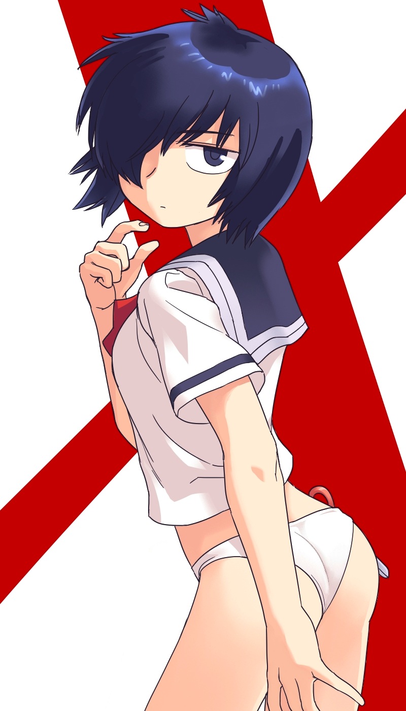 ass, blue_eyes, blue_hair, flat_gaze, hair_over_one_eye, highres, nazo_no_kanojo_x, no_pants, panties, school_uniform, scissors, serafuku, short_hair, tsukiyo_michi, underwear, urabe_mikoto