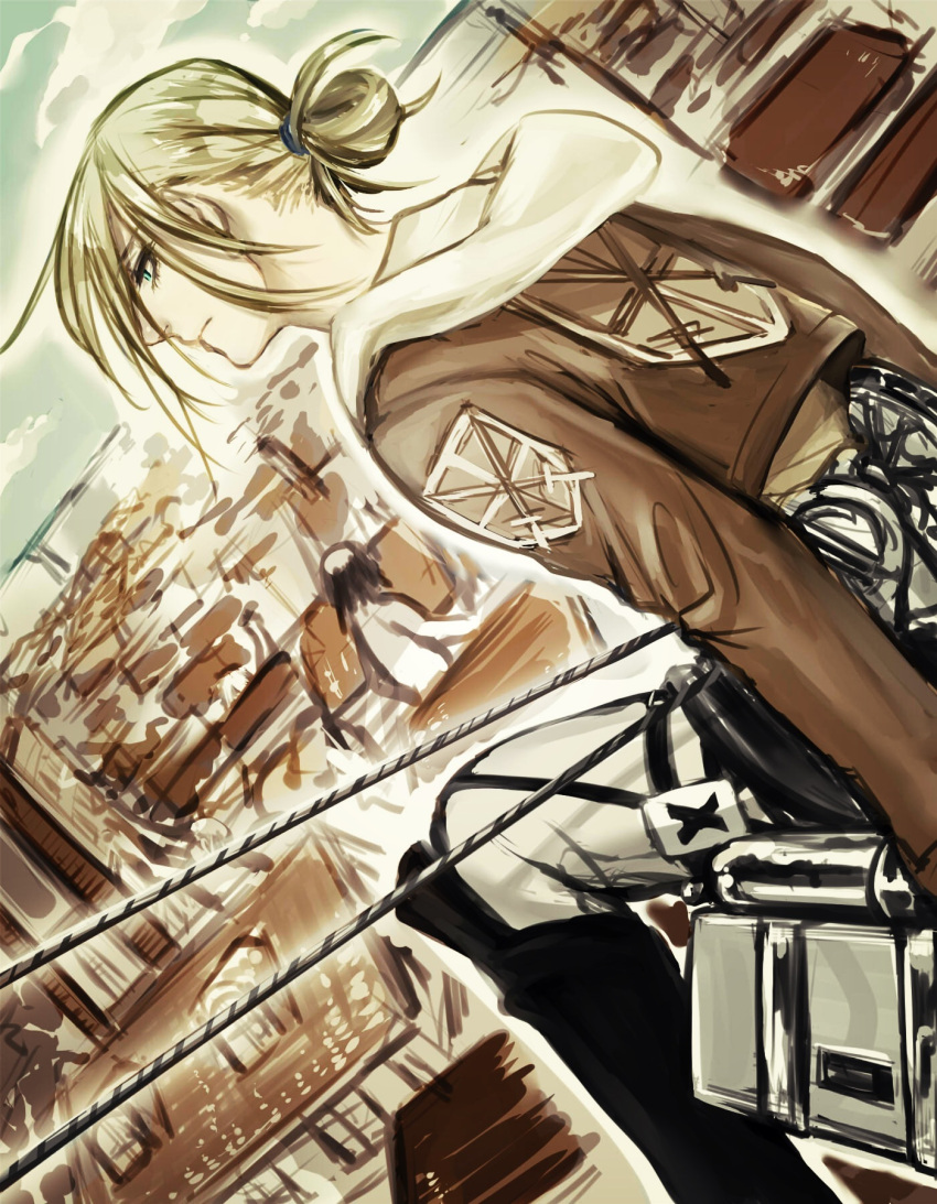 albino123, annie_leonhardt, blonde_hair, cityscape, highres, shingeki_no_kyojin, three-dimensional_maneuver_gear, titan_(shingeki_no_kyojin)