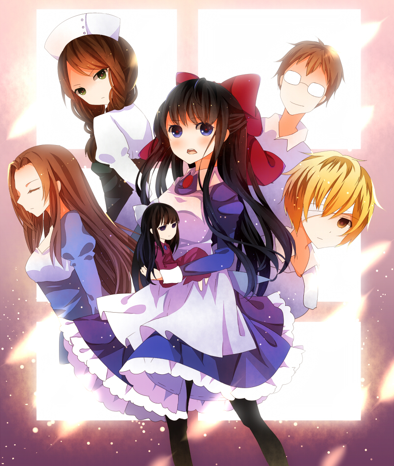 2boys, 3girls, alfred_drevis, aya_drevis, bandages, black_hair, blonde_hair, blue_dress