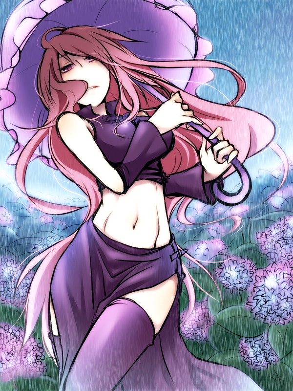 flower, long_hair, megurine_luka, midriff, parasol, pink_hair, rain, rito_(218)