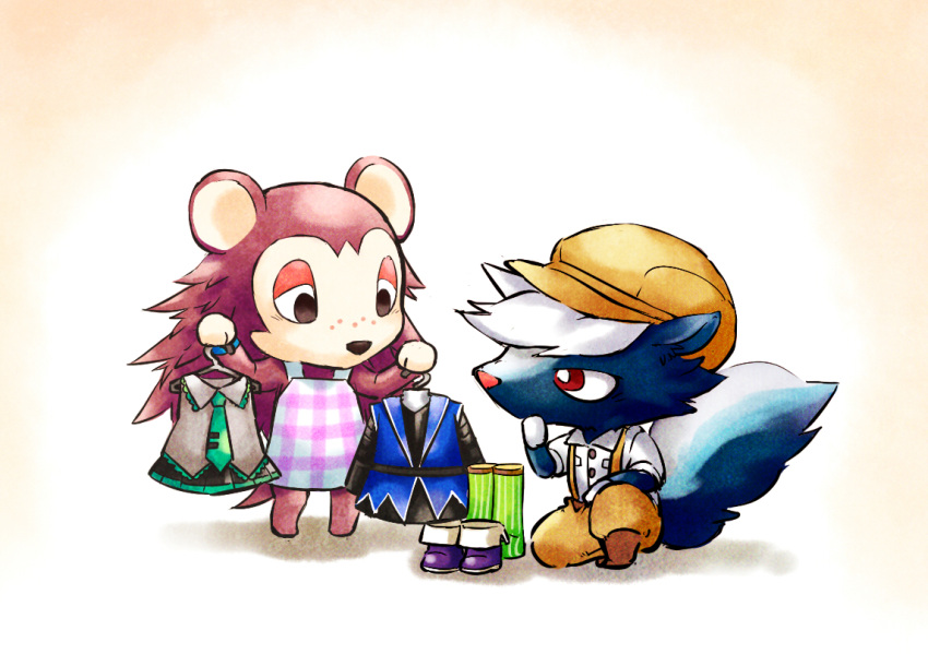 1boy, 1girl, animal_crossing, apron, asami_(doubutsu_no_mori), black_hair, brown_hair, character_request