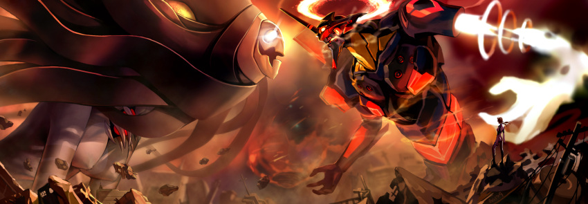 1girl, angel_(evangelion), apocalypse, as109, battle, brown_hair, eva_01, evangelion:_2.0_you_can_(not)_advance