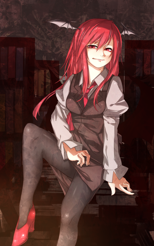 1girl, black_legwear, hanamaru-s, head_wings, koakuma, long_hair, necktie, pantyhose