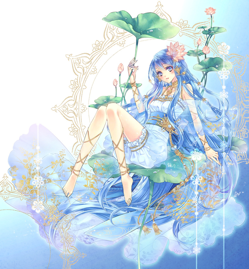 1girl, barefoot, blue_eyes, blue_hair, blush, flower, hair_flower, hair_ornament
