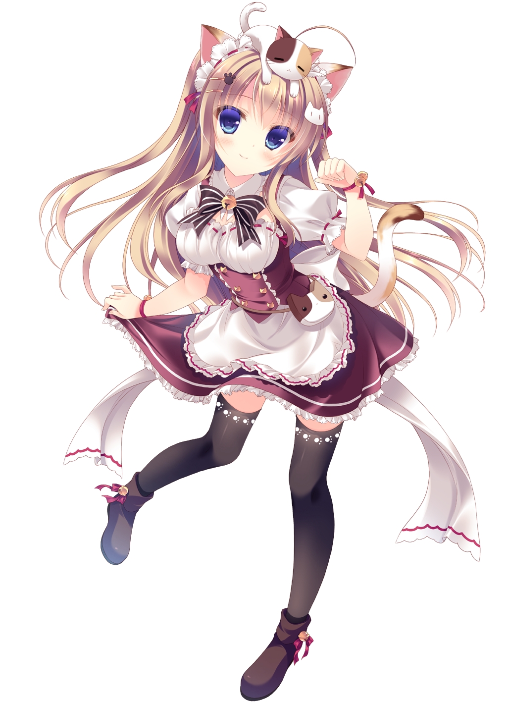 1girl, animal_ears, bell, black_legwear, blue_eyes, blush, brown_hair, cat