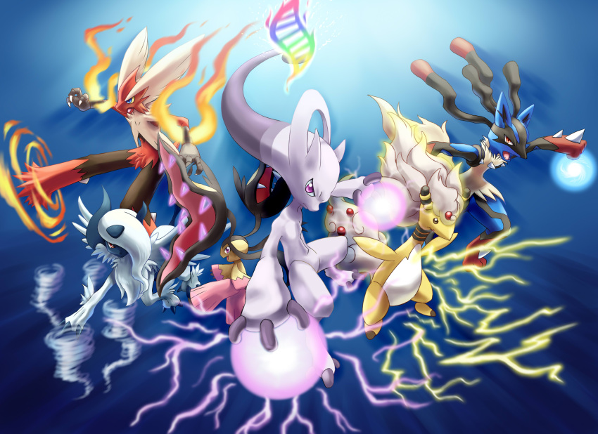 absol, alternate_form, alternate_hairstyle, ampharos, aura_sphere, blaziken, fangs, fire