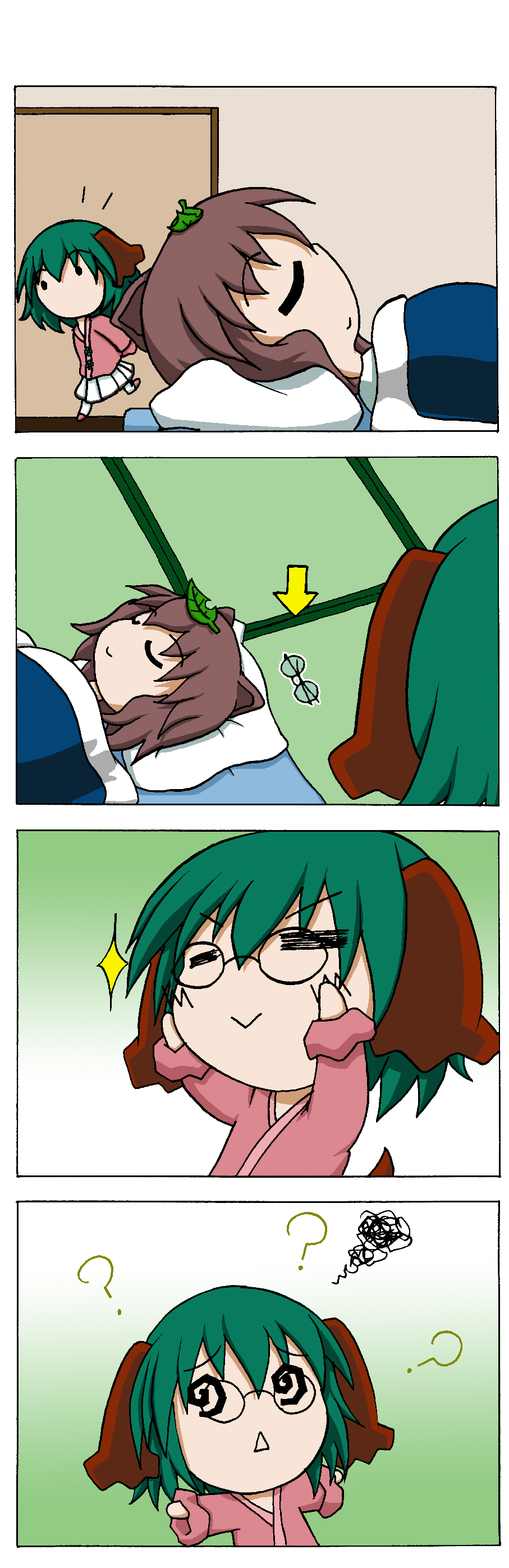 2girls, 4koma, ?, @_@, absurdres, animal_ears, bespectacled, brown_hair