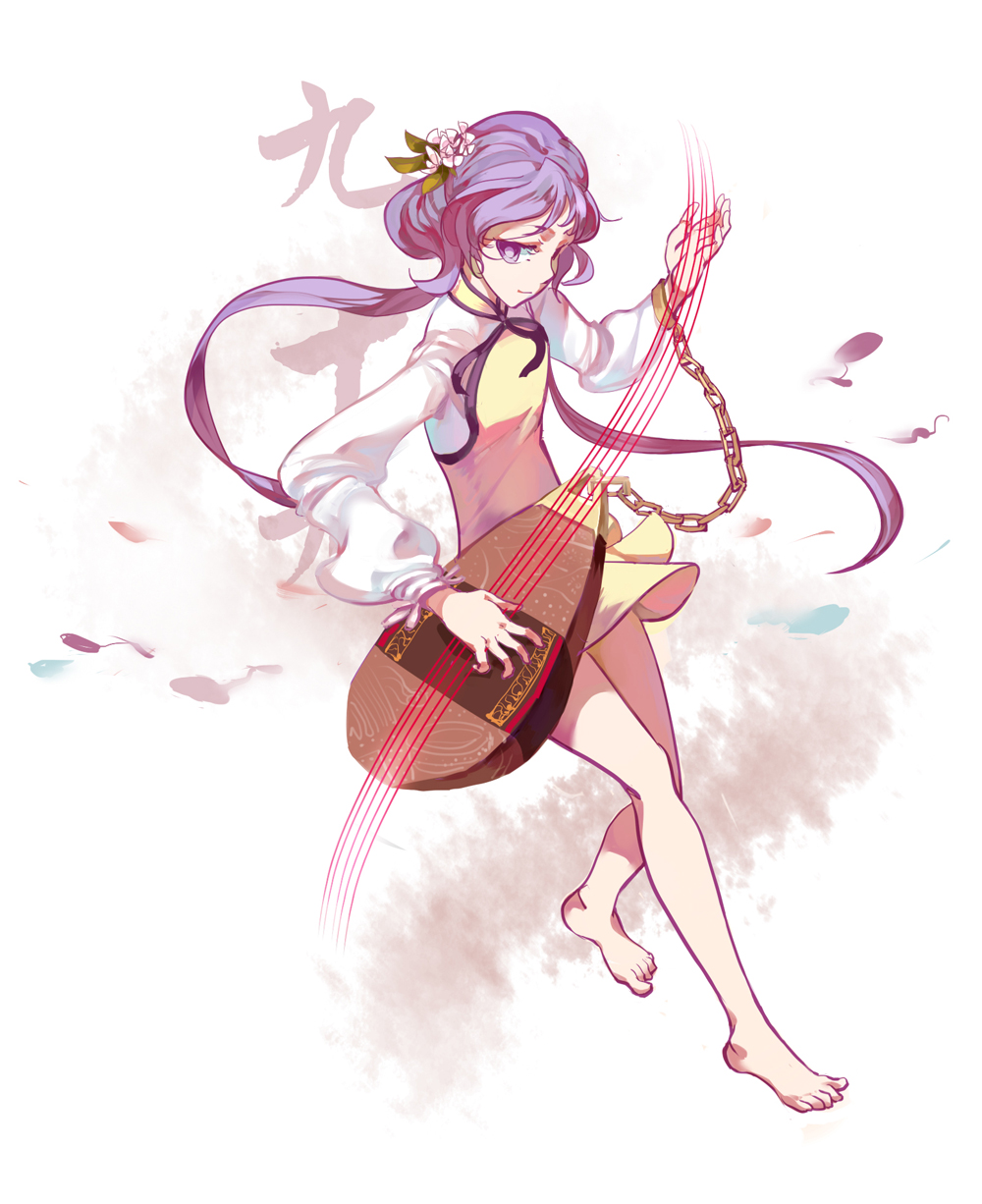 1girl, barefoot, hair_ornament, highres, instrument, long_hair, long_sleeves, looking_at_viewer