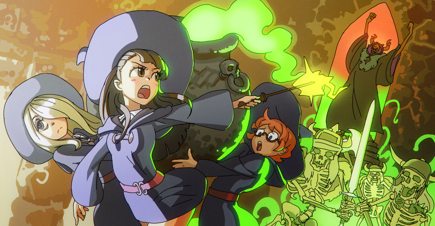 3girls, akko_kagari, bags_under_eyes, blonde_hair, blush, brown_eyes, brown_hair, cauldron