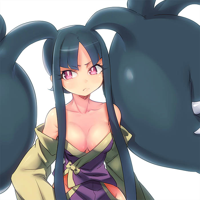 1girl, bare_shoulders, black_hair, breasts, cleavage, collarbone, extra_mouth, eyelashes