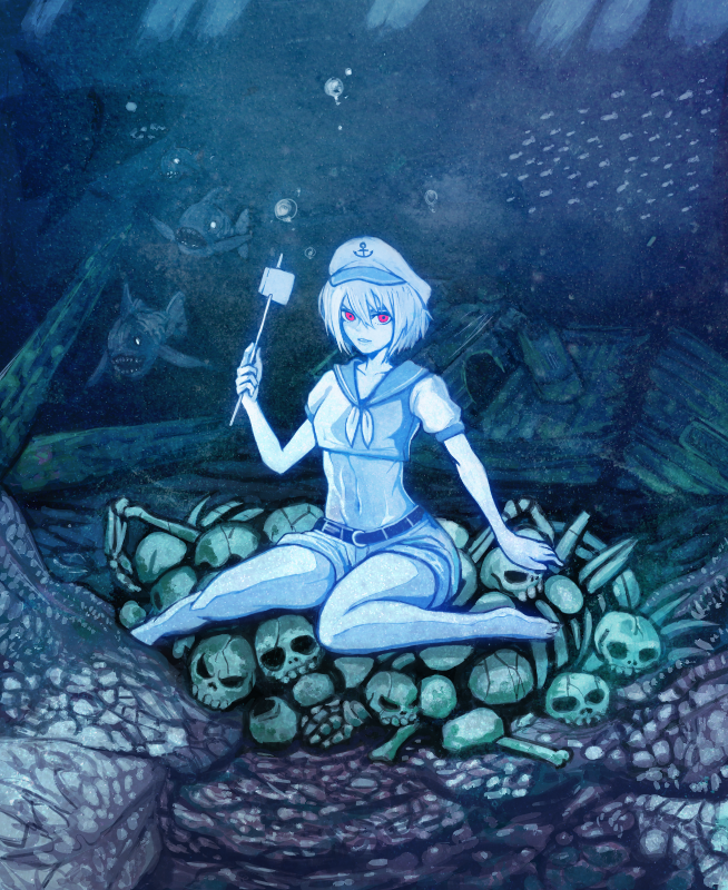 1girl, belt, bubble, fish, hat, ladle, looking_at_viewer, midriff