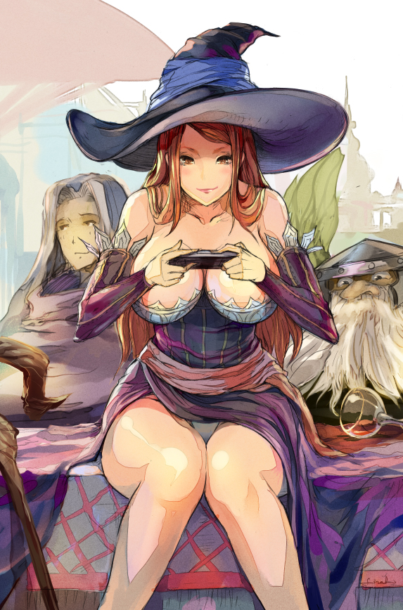 1girl, 2boys, beard, breasts, cleavage, cup, dragon's_crown, dwarf_(dragon's_crown)