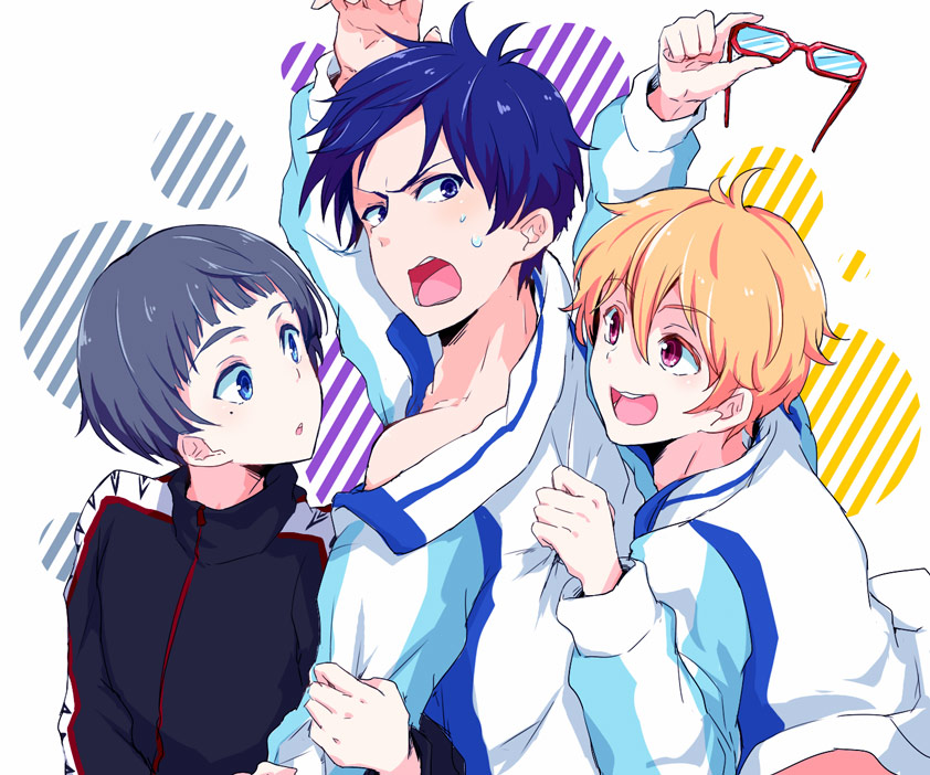 3boys, blonde_hair, blue_eyes, blue_hair, free!, glasses, glasses_removed, grey_hair