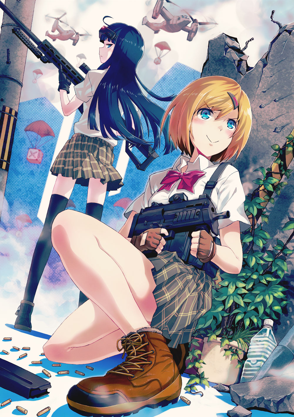2girls, 40hara, :>, anti-materiel_rifle, barrett_m82, bipod, black_hair, blue_eyes