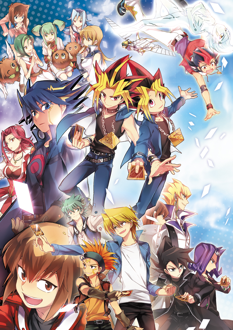 6+boys, 6+girls, :d, astral_(yuu-gi-ou_zexal), belt, black_hair, blonde_hair, blue_eyes