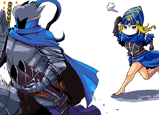 1boy, 1girl, armor, artorias_the_abysswalker, barefoot, blonde_hair, blush, boots, braid, cape, dark_souls, hat, helmet, lord's_blade_ciaran, mask, n-i-n-e, running, tagme
