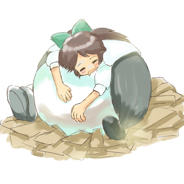 1girl, blush, bow, brown_hair, cape, egg, hair_bow, hug