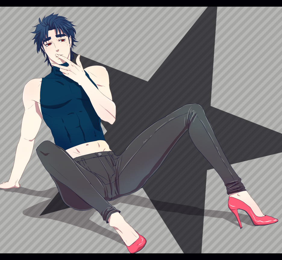 1boy, blue_hair, high_heels, jojo_no_kimyou_na_bouken, jonathan_joestar, midriff, red_eyes, solo