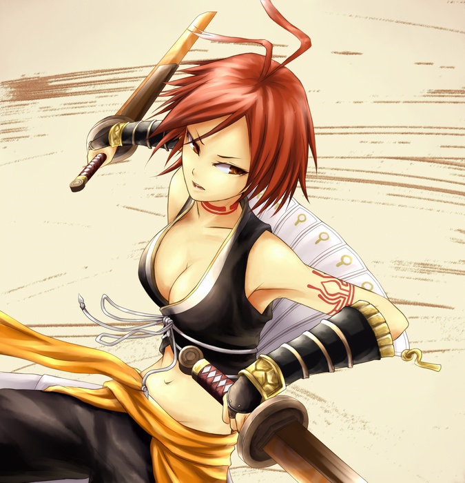 .hack//, .hack//g.u., antenna_hair, bracers, brown_eyes, cleavage, redhead, sash, short_hair, sword, tattoo, yosa, yowkow