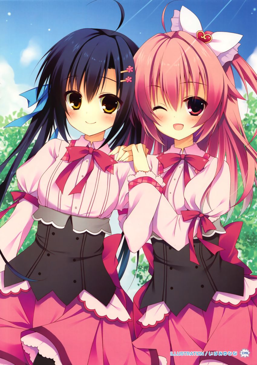 2girls, absurdres, blue_hair, brown_eyes, highres, himenomi_miruku, holding_hands, izumiyuhina