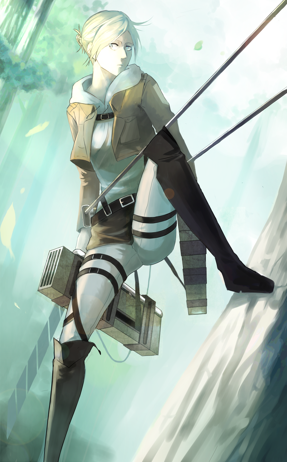 1girl, annie_leonhardt, blonde_hair, blue_eyes, boots, forest, highres, hoodie, knee_boots, looking_at_viewer, moga, nature, shingeki_no_kyojin, short_hair, solo, spread_legs, sword, three-dimensional_maneuver_gear, tree, uniform, weapon