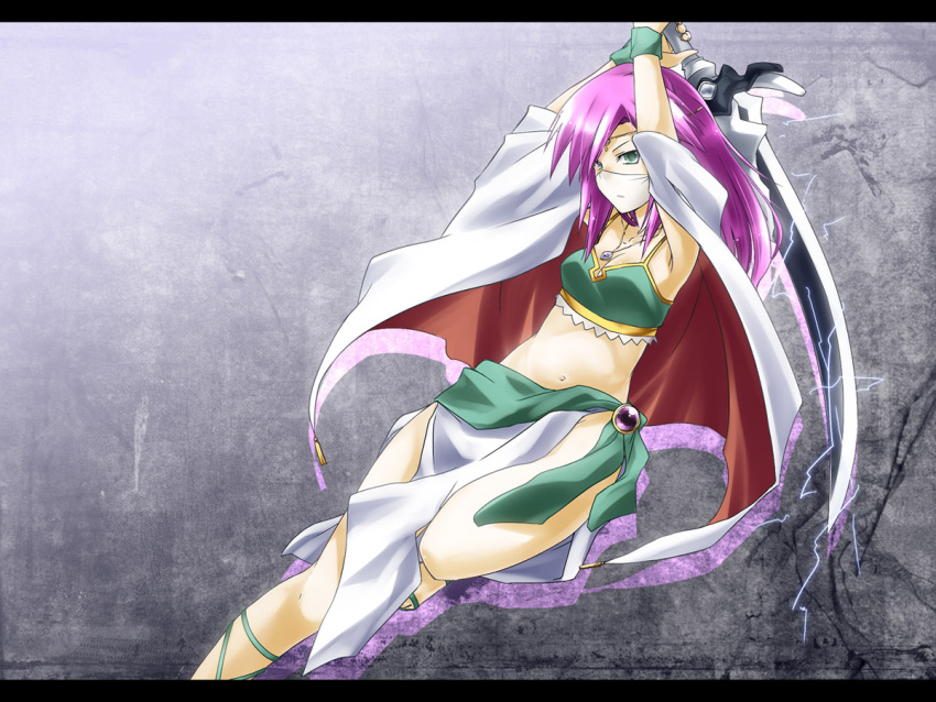 arms_up, bare_shoulders, cape, face_mask, faris_scherwiz, final_fantasy, final_fantasy_v, green_eyes, long_hair, luna_phase, mask, midriff, mystic_knight, navel, necklace, purple_hair, skirt, solo, sword, tiara, weapon, yuuki_eishi