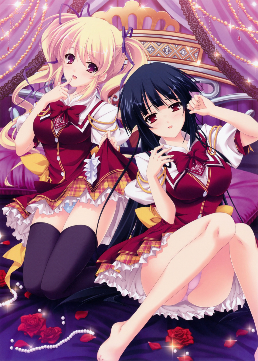 2girls, absurdres, bed, black_legwear, blonde_hair, blue_panties, drill_hair, flower