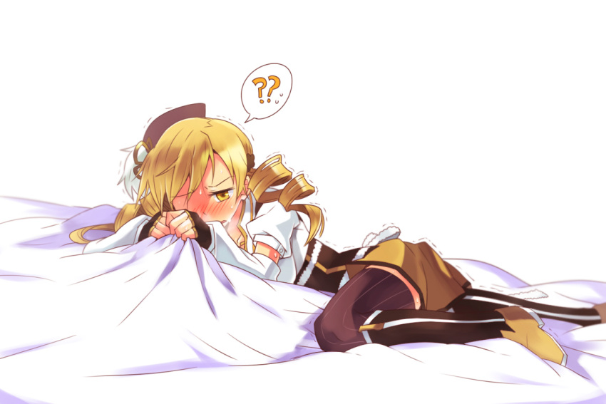 1girl, ?, bed, bed_sheet, blonde_hair, blush, boots, brown_legwear