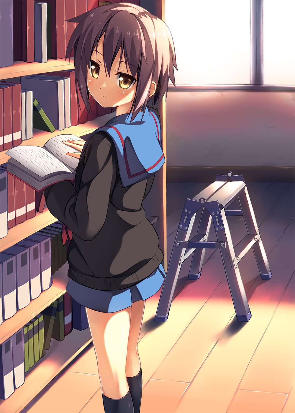 1girl, black_legwear, blush, book, bookshelf, brown_eyes, highres, kinta_(distortion), looking_at_viewer, looking_back, nagato_yuki, open_book, purple_hair, school_uniform, short_hair, solo, stepladder, suzumiya_haruhi_no_yuuutsu, window, wooden_floor