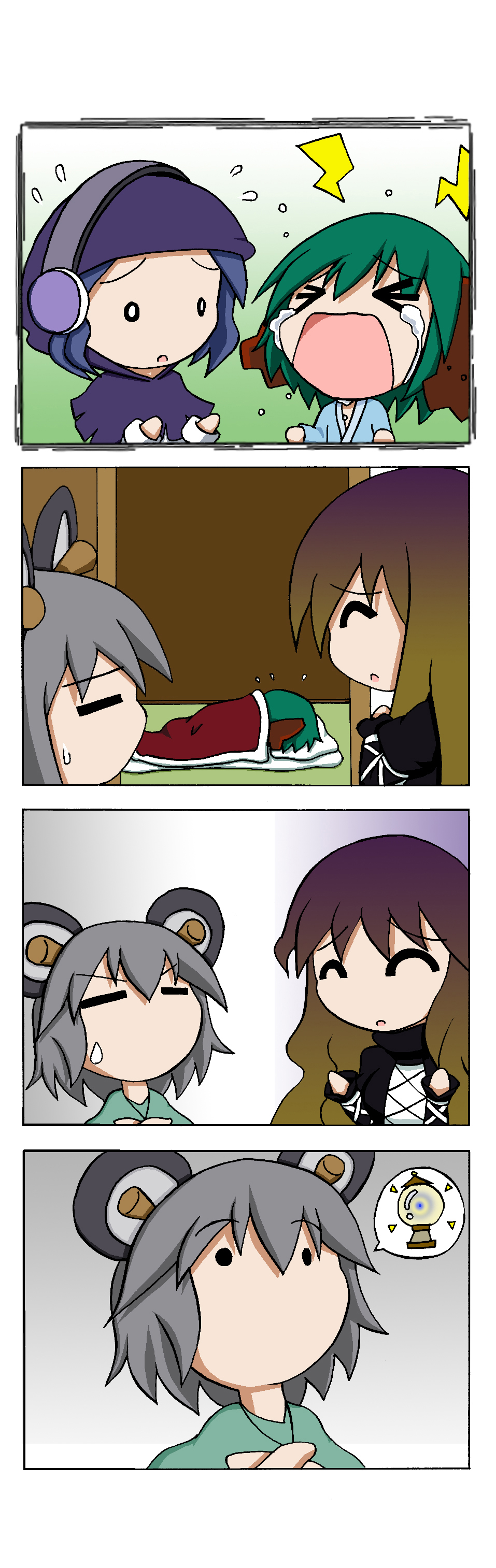 4girls, 4koma, absurdres, animal_ears, bishamonten's_pagoda, chibi, comic, crying