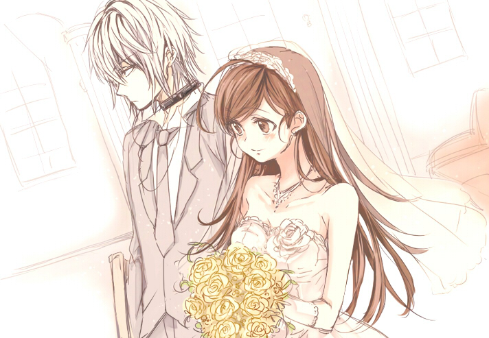 1boy, 1girl, accelerator, adult, bouquet, bridal_veil, brown_eyes, brown_hair