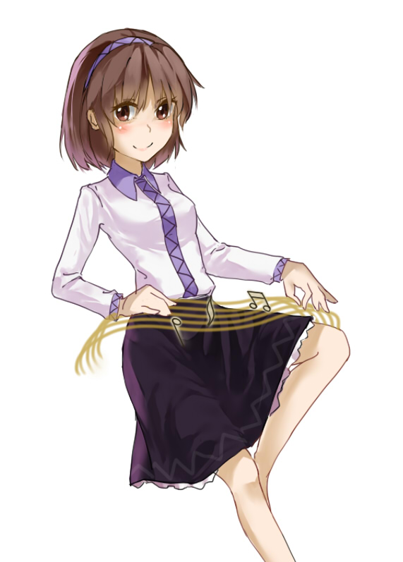 1girl, ariadoszz, blush, brown_eyes, brown_hair, hairband, musical_note, short_hair