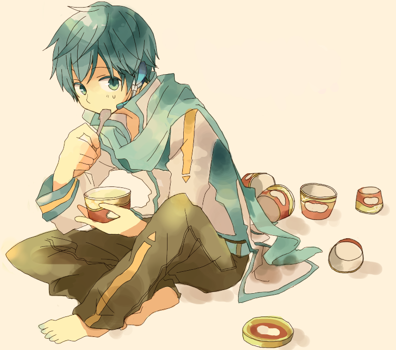 1boy, blue_eyes, blue_hair, food, headset, ice_cream, kaito, scarf